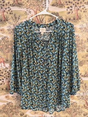 St. John's Bay Blue and Yellow Floral Button-Front Peasant Top